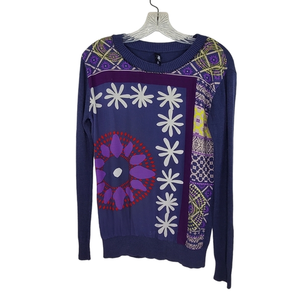 DESIGUAL Boho Knit Sweatshirt Sweater Top Silky Panel Front Sz S FLAWS - Picture 2 of 7